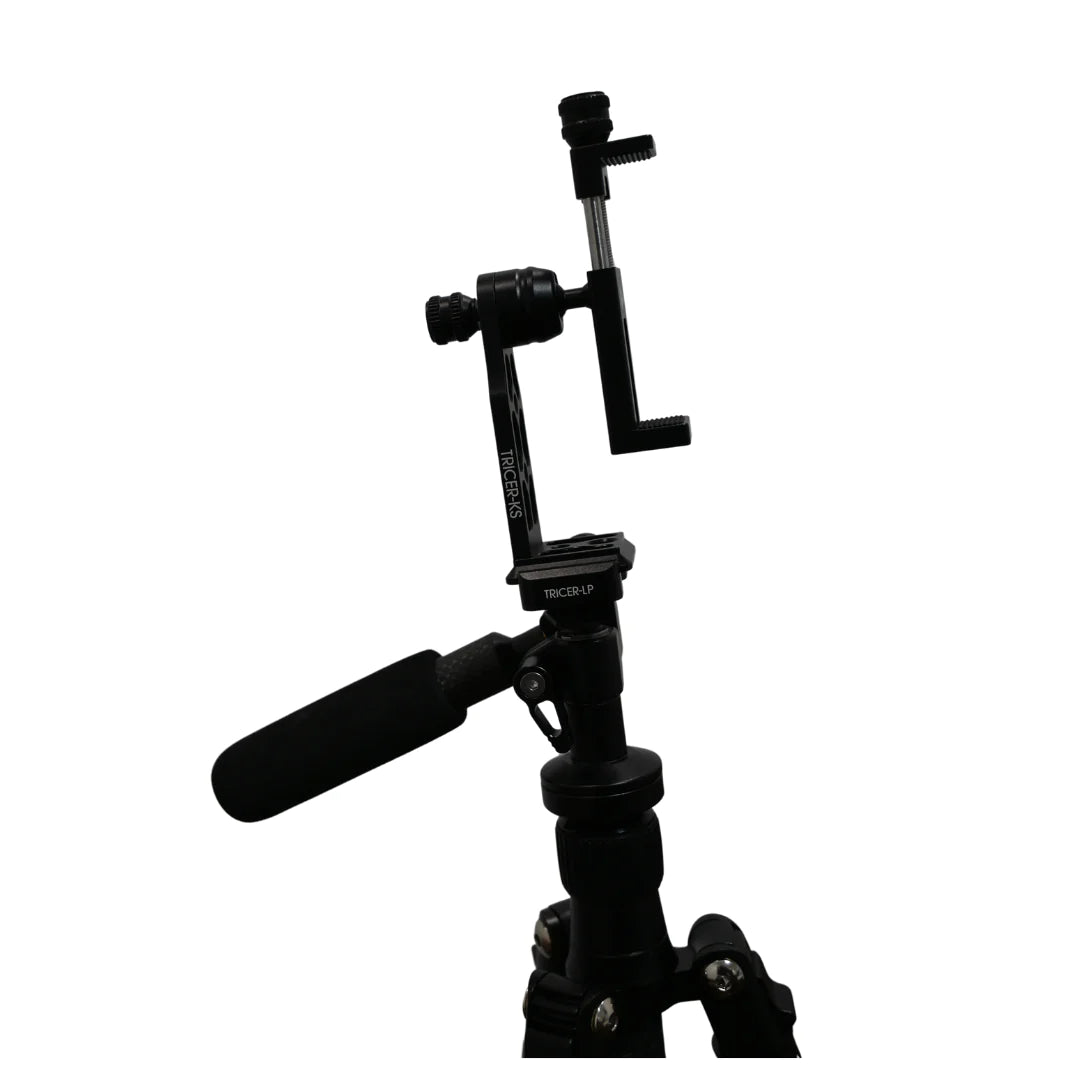 Tricer KS Phone Clamp Side View Studio Image on Tripod Tricer-KS