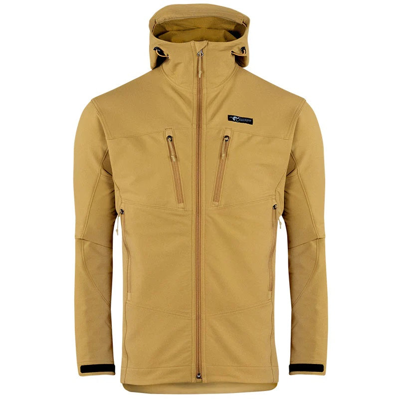 A forward-facing view of the Stone Glacier De Havilland Jacket in coyote.