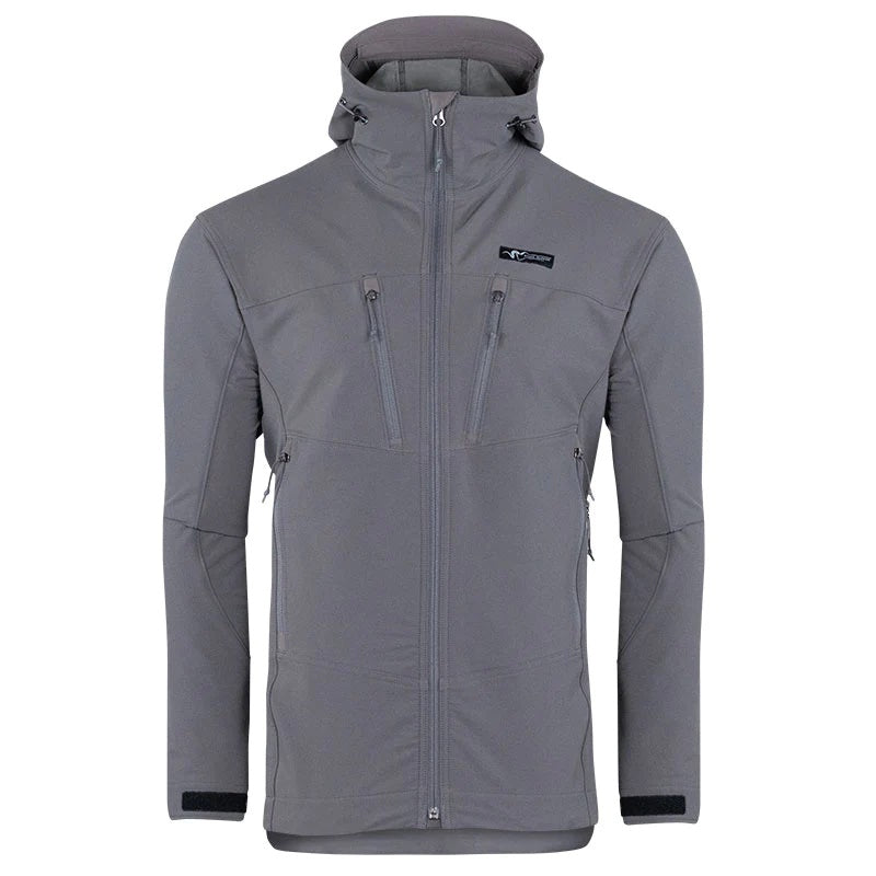 A forward-facing view of the Stone Glacier De Havilland Jacket in granite grey.