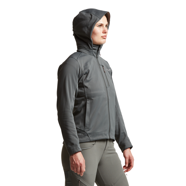 Sitka Women's Jetstream Jacket Lead on model 45 with hood